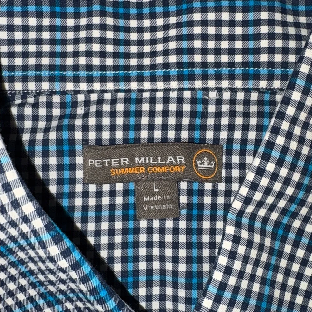 Peter Millar Mens Large Navy and White Checkered Summer Comfort Shirt
